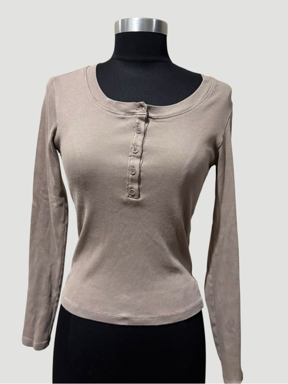 Reformation Taupe Ribbed Henley Long Sleeve Top size S